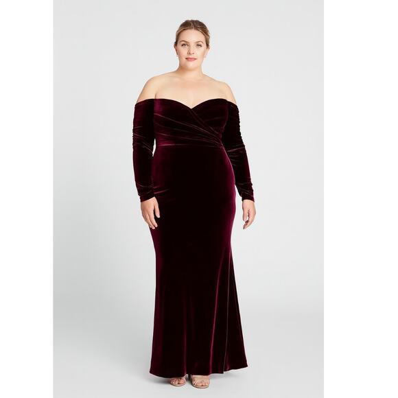 Theia Anita Off Shoulder Long Sleeve Velvet Gown 14 Red NEW - Picture 1 of 10